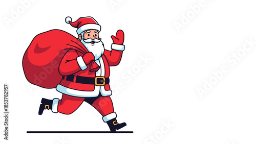 Santa Claus running with a sack of presents, illustration for Christmas and holidays