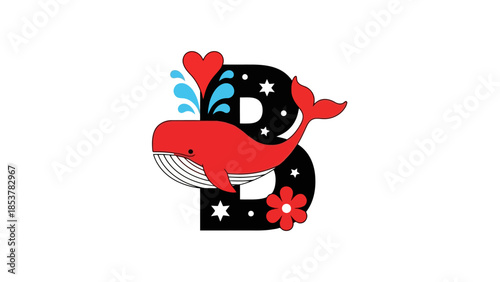 Charming Whale Illustration with Letter B, Heart, and Floral Accents for Whimsical Designs