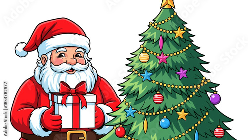 Christmas Cheer Santa Claus with Gift and Festive Tree