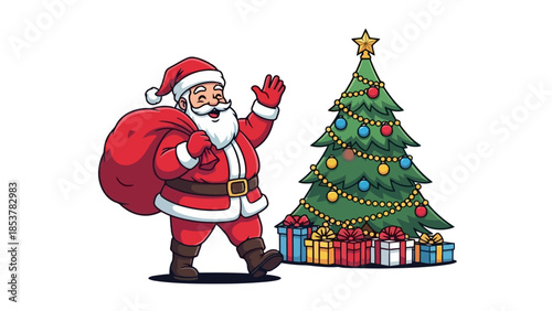 Santa Claus with Christmas Tree and Gifts Illustration