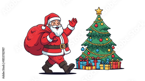 Christmas Santa Claus with Gift Bag and Tree Illustration