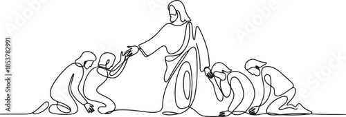 continuous line of God Jesus giving help. Sad people get Jesus' helping hand. one line Icon drawing