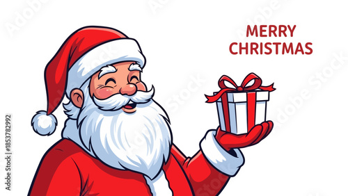 Smiling Santa Claus Holding a Wrapped Gift Box in Festive Christmas Illustration