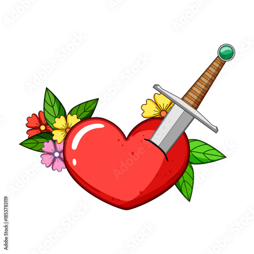 Red heart pierced by a steel dagger with green leaves and vibrant flowers conceptualizing themes of love, pain, betrayal, and passion in a graphic illustration