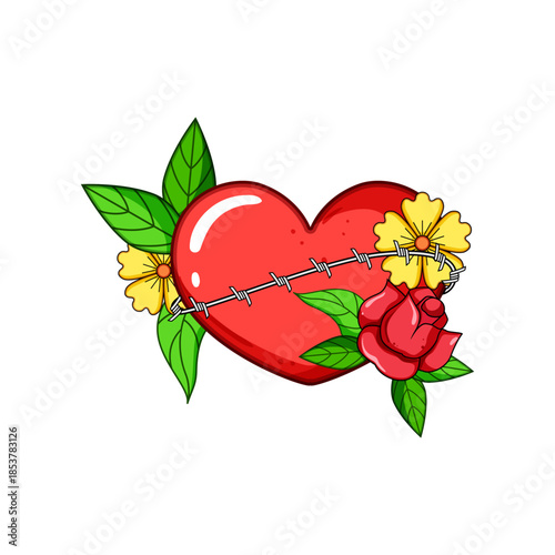 Red heart design showing love and pain, wrapped with barbed wire and adorned with green leaves, a red rose, and yellow flowers in an old school tattoo style