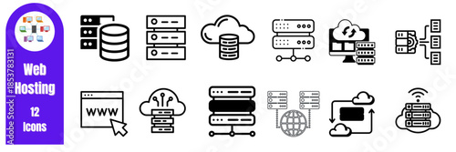 Line Icon set Design - Web Hosting Icons Set Network Servers, Cloud, Database, Security and Infrastructure Symbols for Tech Solutions