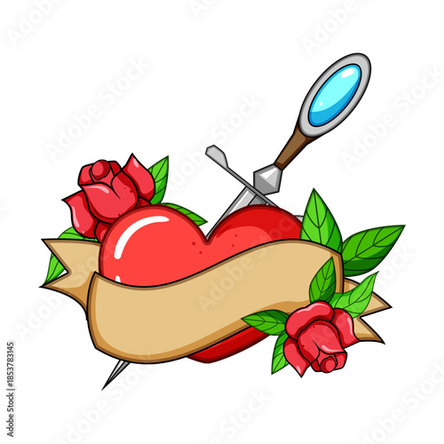 Classic design featuring a red heart pierced by a sword, surrounded by vibrant roses and a customizable ribbon banner, representing intense love, passion, or sacrifice