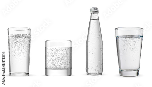 refreshing photograph of various glasses and a bottle filled with effervescent carbonated sparkling water, showing active bubbles and condensation.