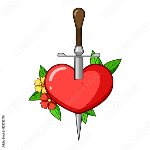 Red cartoon heart getting pierced by a sharp dagger, symbolizing heartbreak, betrayal, or pain, adorned with blooming vibrant flowers and green leaves in a classic tattoo style