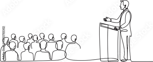 continuous line of public speaking.one line drawing of speaking in front of many people. one line Icon drawing