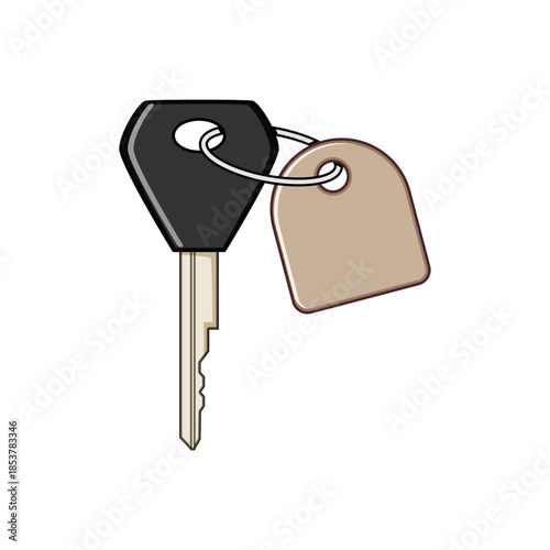 Key with blank tag on a keyring symbolizing access, ownership, security and opportunity for house, car or rental simple flat design on white background, minimal and versatile