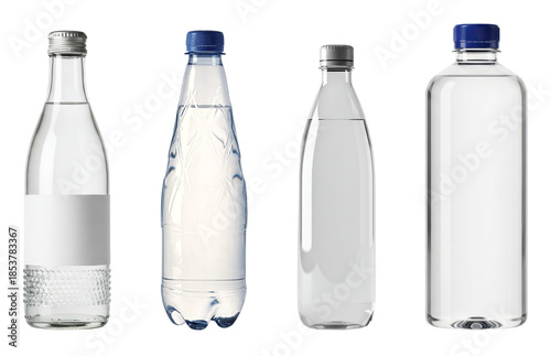 Quadro su tela variety of clear mineral water bottles in glass and plastic, showcasing healthy hydration options, photographed isolated on transparent background