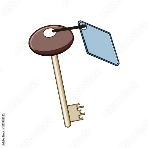 Hotel key, featuring a classic design and a blank blue diamond shaped tag, representing themes of hospitality, travel, accommodation, and secure access for guests