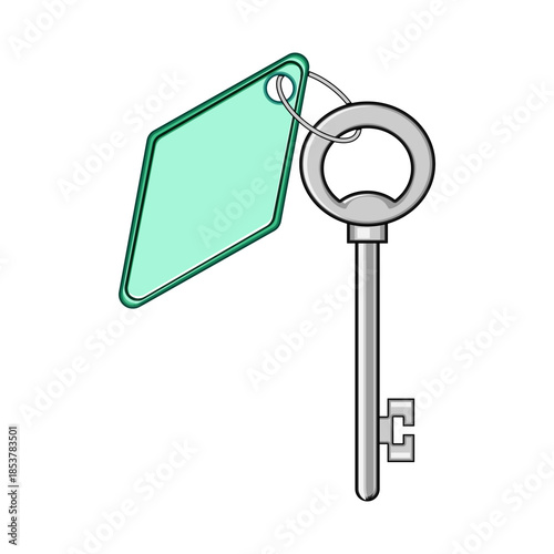 Metal key with a minimalist design featuring a blank green diamond shaped tag on a keyring, suitable for symbolizing hospitality, access, accommodation, or security concepts