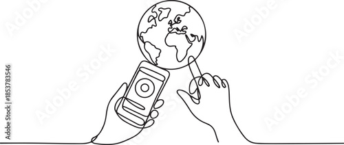 one continuous line of hands touching the cellphone and the world.one line drawing of technology opening world information with cellphones. one line Icon drawing