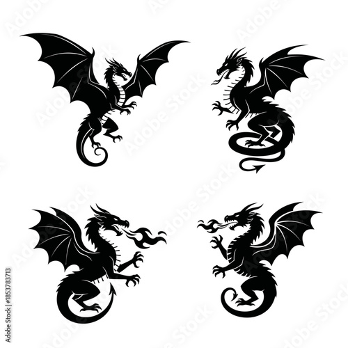 Four Black Dragon Silhouettes with Wings and Tails.