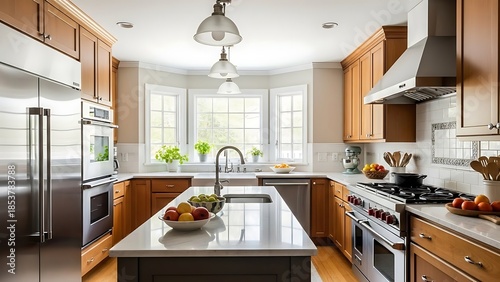Modern kitchen with natural wood cabinetry, quartz countertops, and stainless steel appliances. Features a large island, bay window, and stylish pendant lights. Ideal for home decor.