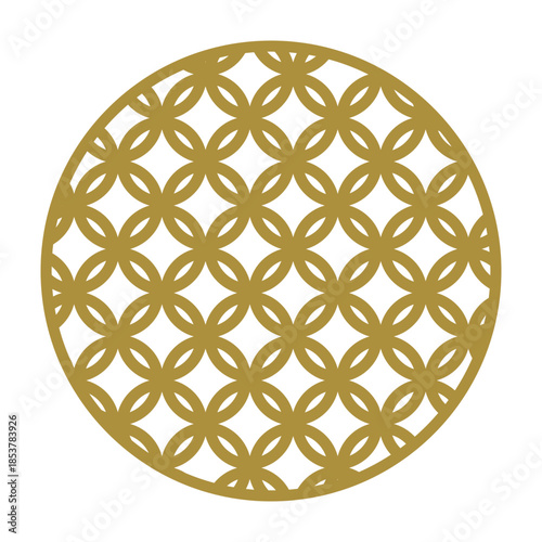 Golden shippo tsunagi pattern forming an interlocking circle design, representing infinite continuity, prosperity, and eternal harmony within a circular frame on a white background