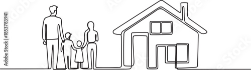 continuous line of the family's dream house. one line drawing of the family looking at the dream house. one line Icon drawing