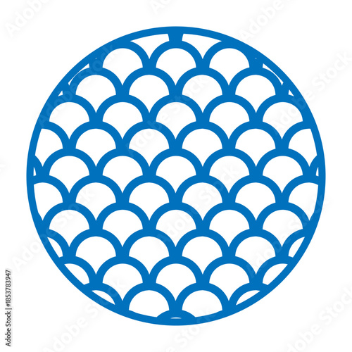 Circular oriental pattern featuring repeating blue arcs, resembling stylized ocean waves or fish scales, creating a cultural and decorative background element