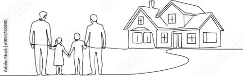 continuous line of the family's dream house. one line drawing of the family looking at the dream house. one line Icon drawing