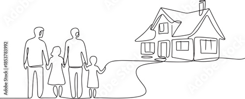 continuous line of the family's dream house. one line drawing of the family looking at the dream house. one line Icon drawing