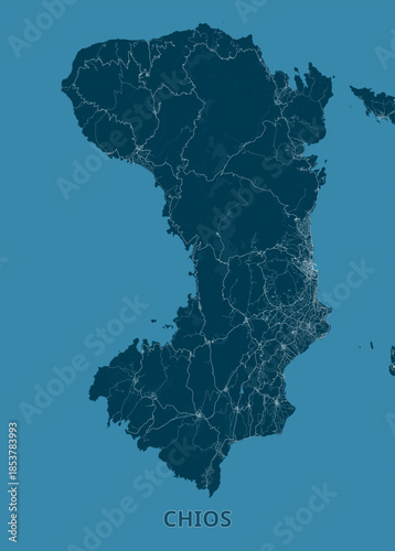 Map of Chios Island is displayed against a teal background. The island's shape is clearly defined, with a network of white lines representing roads and pathways crisscrossing its terrain.