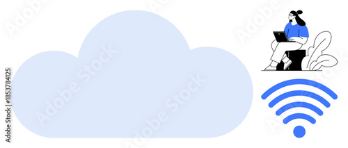 Cloud technology concept. Cloud shape linked to wireless icon and a person working remotely on a laptop. Cloud s data access, sharing, and storage for seamless connectivity. technology, remote work
