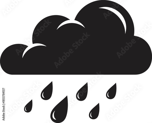 A simple black and white illustration of a cloud with falling raindrops