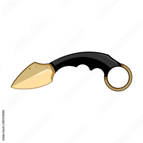 Karambit knife featuring a gold blade and a black handle with a finger ring, presenting a sharp, dangerous weapon commonly associated with martial arts and self defense