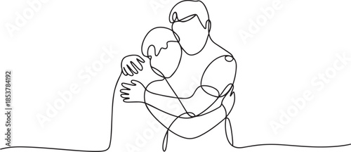 continuous line drawing of adult man hugging father. one line drawing of mature man missing father figure. one line Icon drawing