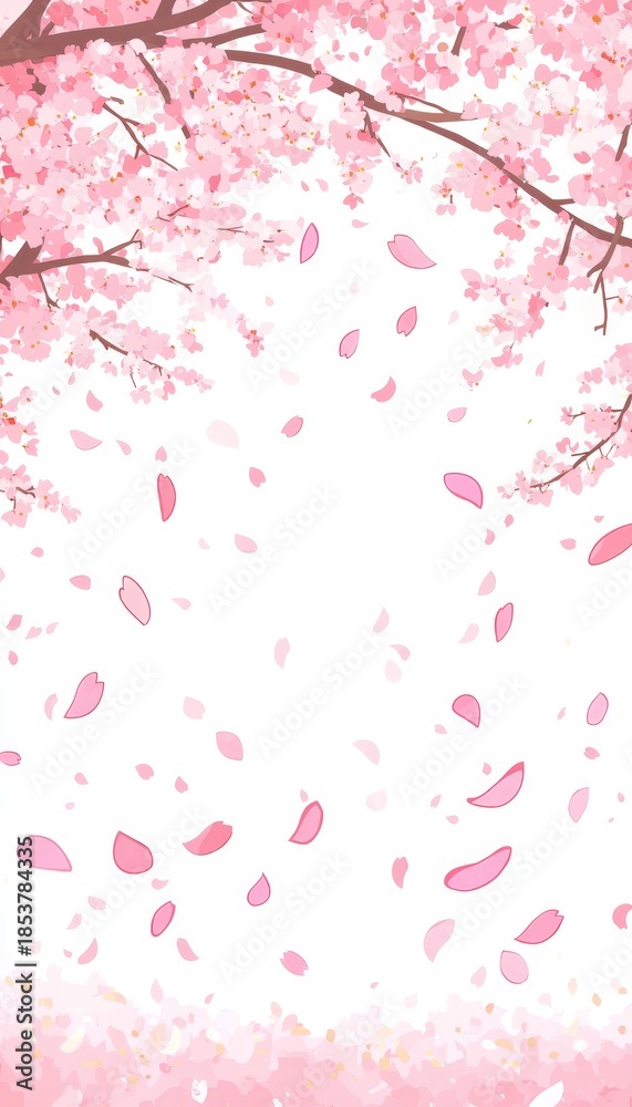 Fototapeta premium Gentle Falling Cherry Blossom Petals with Branches, Soft Pink Tints and Empty Text Space for Romance