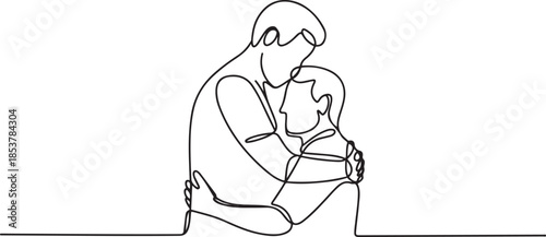 continuous line drawing of adult man hugging father. one line drawing of mature man missing father figure. one line Icon drawing