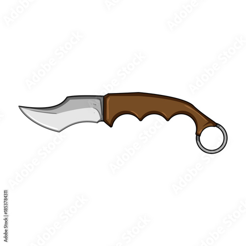 Karambit knife displaying a sharp curved blade, brown ergonomic handle, and a finger ring, representing a tactical and self defense tool in a vector illustration