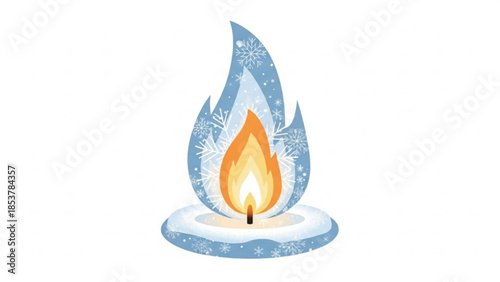 Vibrant orange candle flame encased in icy blue snowflake design on white background