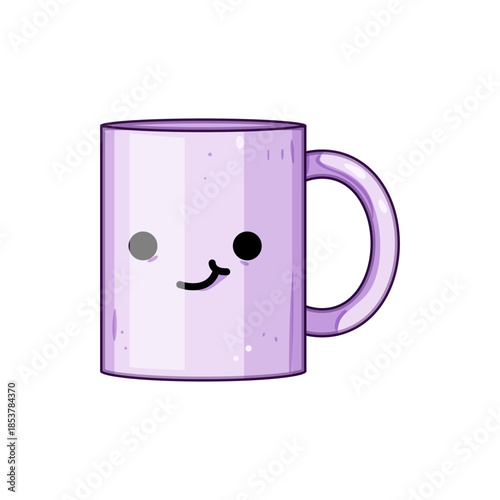 Purple cartoon mug illustrating a cute, smiling happy face character, representing warmth, comfort, and joy on a white isolated background for various design projects