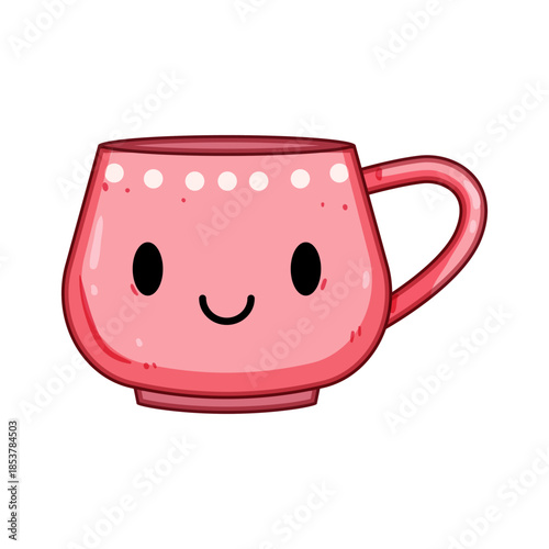Cute cartoon illustration showing a charming pink ceramic mug with a cheerful facial expression, representing happiness, warmth, and cozy beverage moments