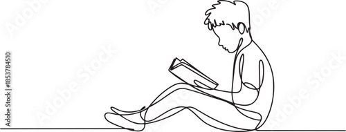 continuous line of boy reading a book sitting on the floor.one line drawing of happy boy studying. one line Icon drawing