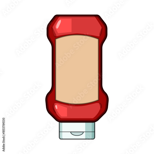 Ketchup bottle presented upside down, featuring a clear red container and a blank label area, representing a common food condiment packaging for various sauces