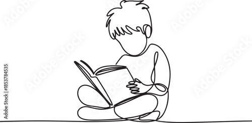 continuous line of boy reading a book sitting on the floor.one line drawing of happy boy studying. one line Icon drawing