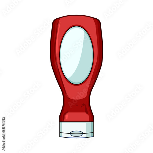 Red ketchup sauce bottle with a white label providing a common condiment for various foods, perfect for illustrating recipes, restaurants, and food packaging