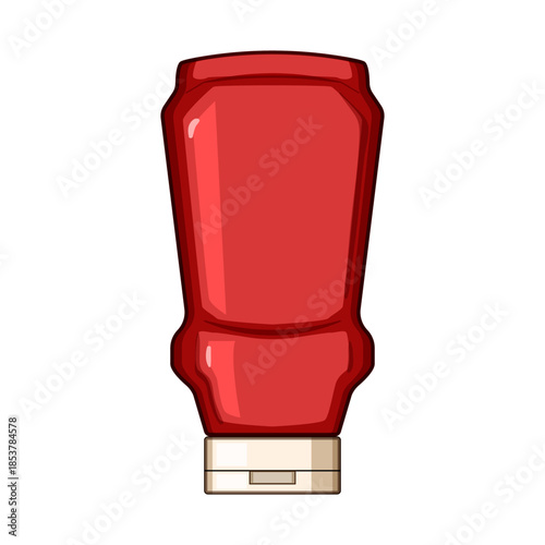Red plastic squeeze bottle containing tomato ketchup or other condiment, featuring a beige flip top cap, representing fast food, cooking, and meal preparation on a white background