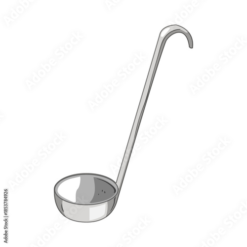 Stainless steel kitchen ladle presenting a metal serving tool, used for cooking, preparing food, and distributing liquid dishes in a modern kitchen setting