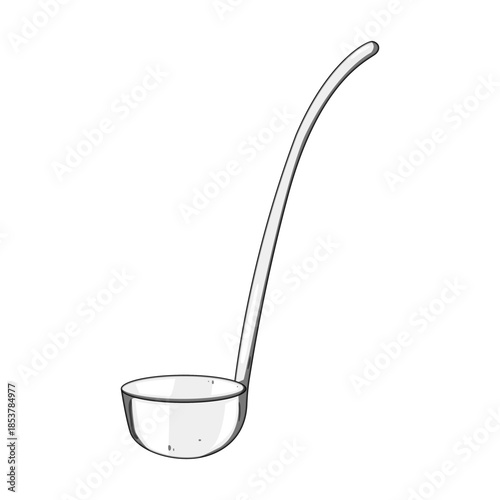 Ladle with long handle and deep rounded bowl, simple line and shading illustration on white background for serving soups, stews, sauces and other liquid dishes