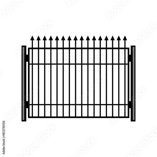 Black metal security fence silhouette with pointed finials on white background, symbolizing protection, boundary and restricted access for property, privacy and safety visuals
