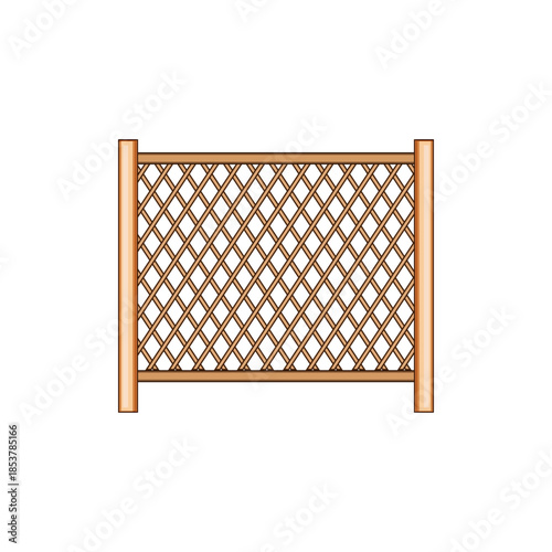 Wooden lattice fence panel features brown crisscross planks fixed between two posts, creating a decorative and functional boundary structure on a white background