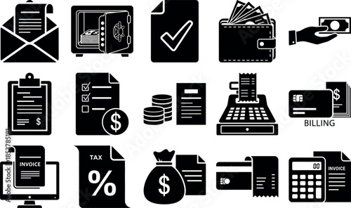 Collection of business and finance icons in black and white