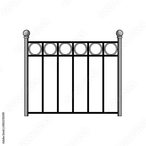 Metal fence section featuring black vertical bars, gray posts, and a top rail with repeating circular decorative elements, creating a security barrier