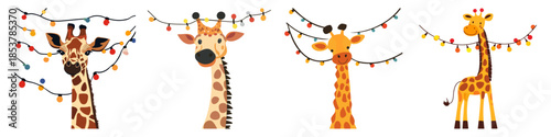 World Animal Day Giraffe tangled in party lights flat vector with white background in graphics design vector style