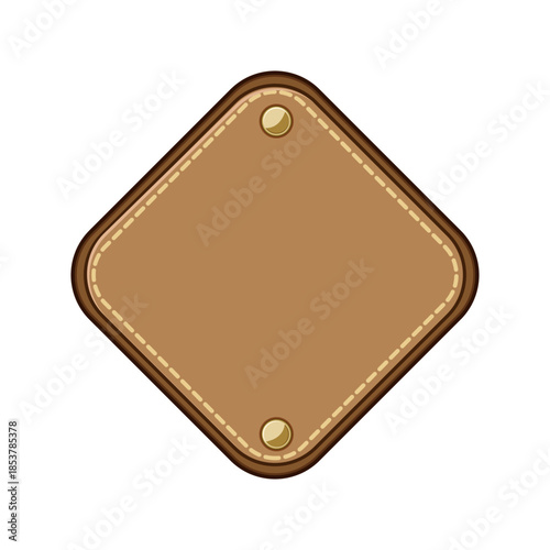 Brown leather patch providing a customizable blank space for branding, labels, or decorative elements, featuring delicate stitching around its border and two prominent rivets